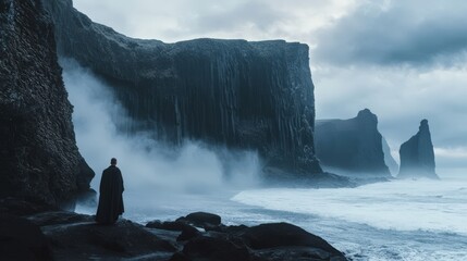 The silhouette of a solitary person gazes at the rugged cliffs and crashing waves along the coast during twilight, surrounded by a misty atmosphere