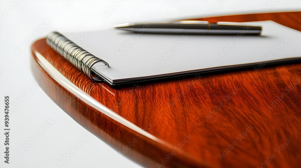 Aufkleber minimalist and clean conference table setup with a plain white notepad and a pen isolated on a white