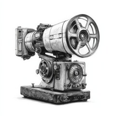 A film projector clipart, cinema element, retro design, black and white, isolated on white...