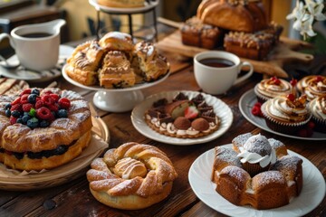 Assortment of delicious cakes and pastries arranged on rustic wooden table