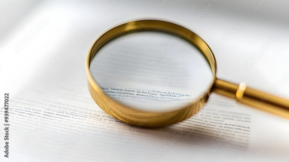 Poster magnifying glass focused on a document representing the process of analysis research and gaining dee