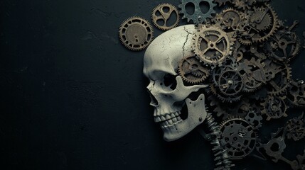 Skeleton in a steampunk outfit, shadow revealing intricate gears and machinery
