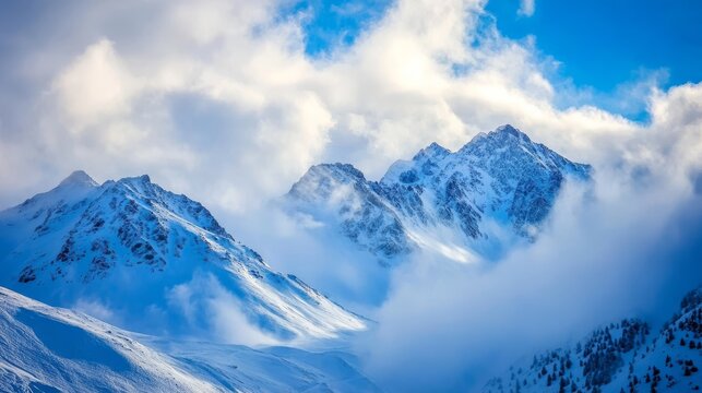 Snow-capped mountains shrouded in clouds