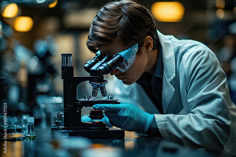 Poster scientist examining a sample under a microscope in a laboratory