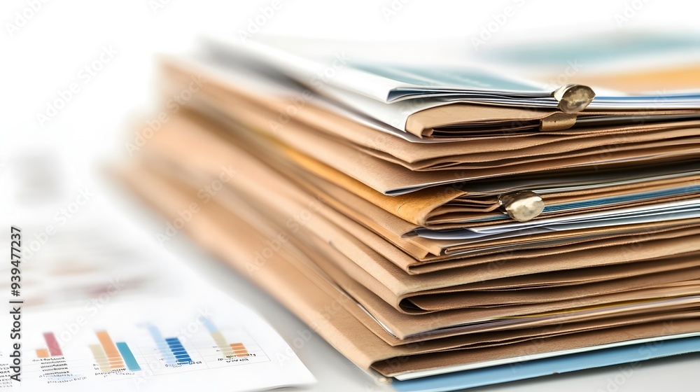 Poster detailed stack of business reports featuring charts graphs and data visualizations on a clean white 
