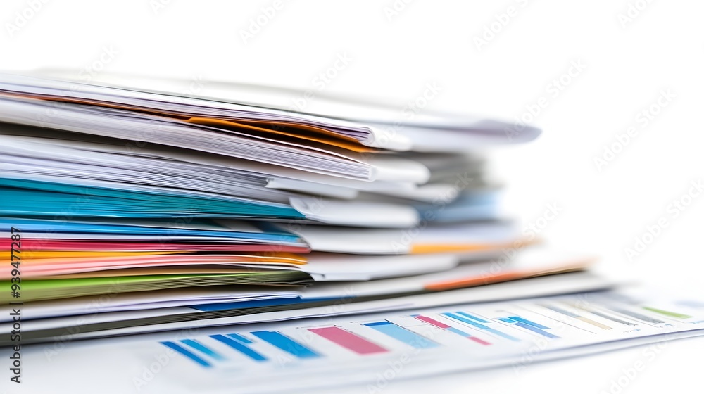 Poster stacked pile of business reports charts and graphs isolated on a clean white background with space f