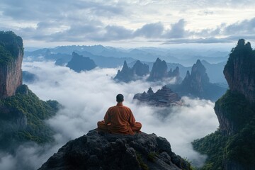 Fototapeta premium High on a cliff, a solitary monk contemplates the serene view of a distant temple nestled among misty mountains, embodying peace, reflection, and spiritual connection.