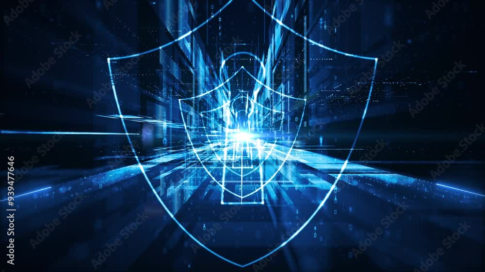 Poster secure it infrastructure, cybersecurity concept with a glowing digital shield and lock over a high-t