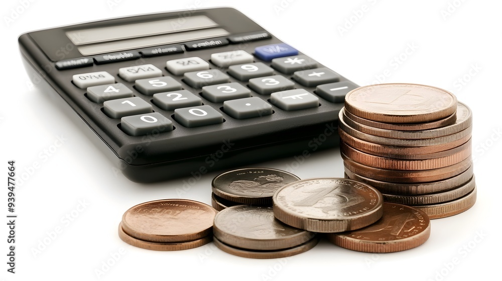 Aufkleber a minimalist still life image featuring a calculator and a stack of coins isolated on a clean white 