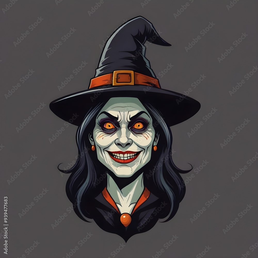 Wall mural Cartoon horror woman witch character face smile. Illustration