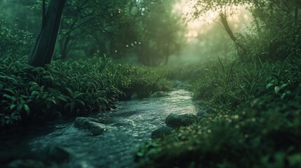 Fototapeta premium Early morning light breaks through a misty forest, illuminating a tranquil stream surrounded by vibrant green plants and soft shadows, creating a peaceful atmosphere in nature