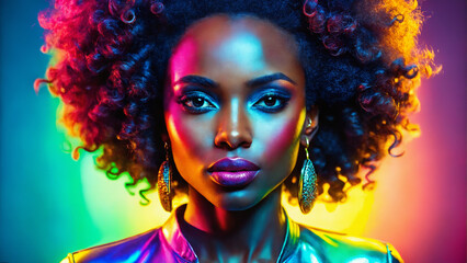 Fototapeta premium Curly Hairstyle Beautiful Young Woman in color lights