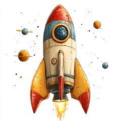 A rocket ship clipart, space element, retro sci-fi style, bright primary colors, isolated on white...