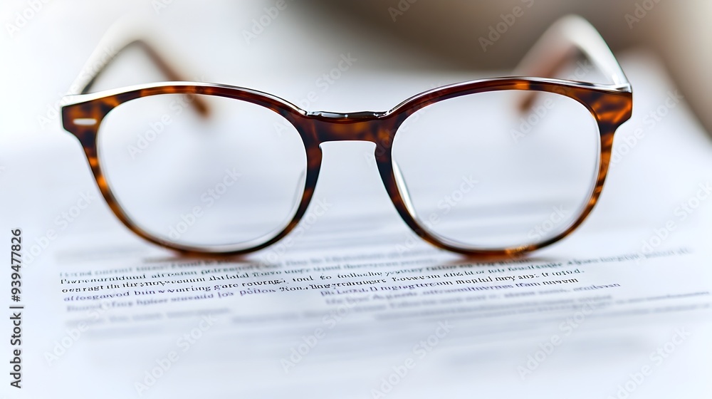 Poster a clean minimalist digital render of a pair of eyeglasses resting atop a business contract or legal 