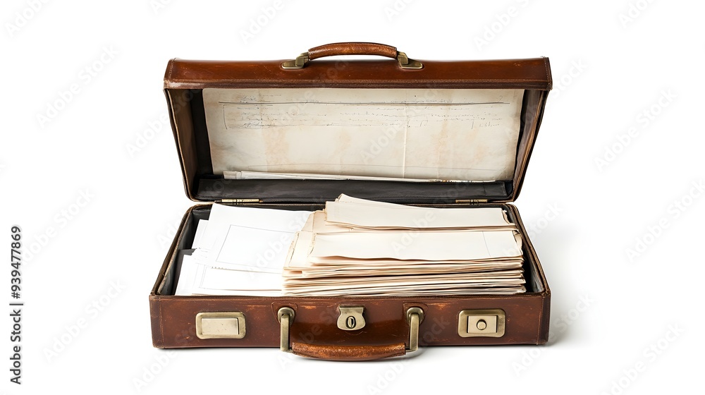 Poster photograph of an open briefcase with various business documents and paperwork neatly arranged and or