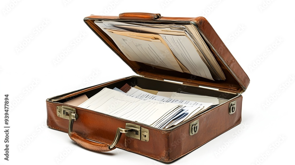 Poster a photograph of a neatly organized briefcase with various documents and paperwork arranged inside is