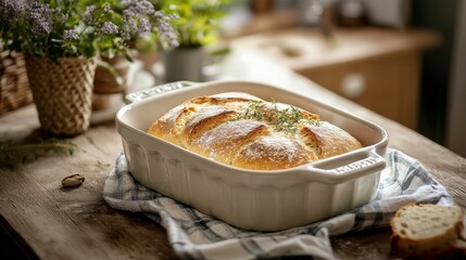 Homemade bread in ceramic dish.
