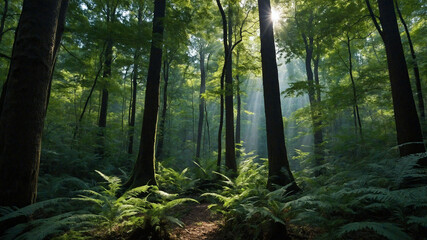 Fototapeta premium Sunlit Forest Sanctuary: Lush Ferns Beneath Ancient Canopy