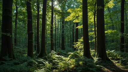 Obraz premium Sunlit Forest Sanctuary: Lush Ferns Beneath Ancient Canopy