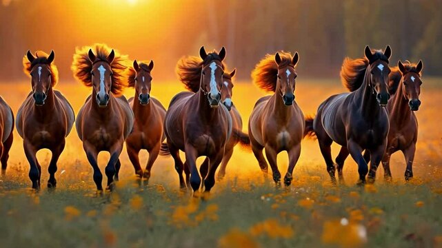 horses galloping in a herd on a field together,