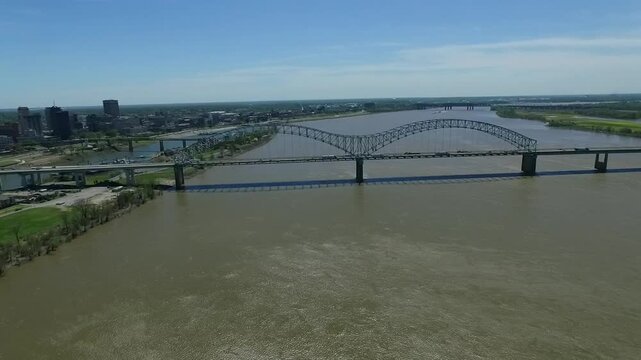 Hernando de Soto Bridge in Memphis Mississippi River, Trafic in Background. Arkansas and Tennessee Line. Drone
