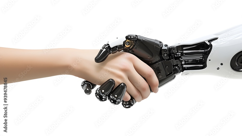 Poster robotic and human hands shaking against a clean white background symbolizing the unity between techn