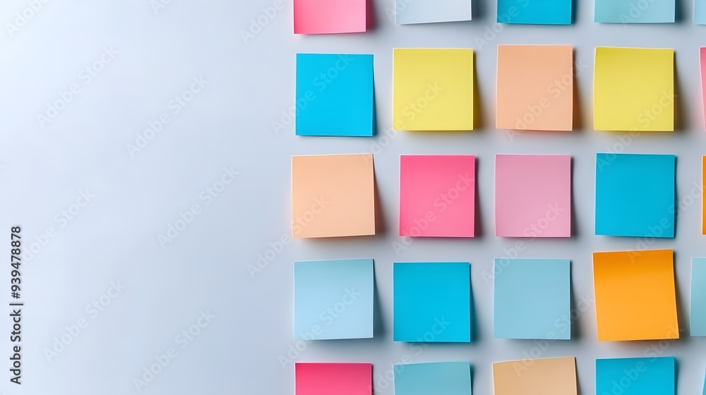 Poster colorful sticky notes in a uniform grid pattern isolated on a plain white studio surface the vibrant