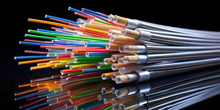 Fiber optic cables of different types on black background, fiber optics, cables, structure, multimode
