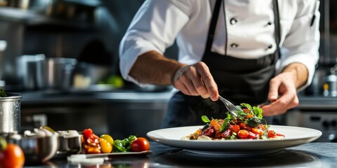 Professional Kitchen with Chef Preparing Gourmet Dish