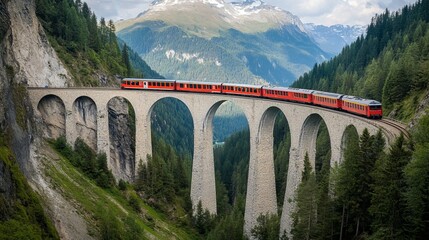Obraz premium Train crossing Landwasser Viaduct on raethian railway in Filisur â€“ Albula, Graubunden, Switzerland The Landwasser Viaduct is a single track limestone railway 
