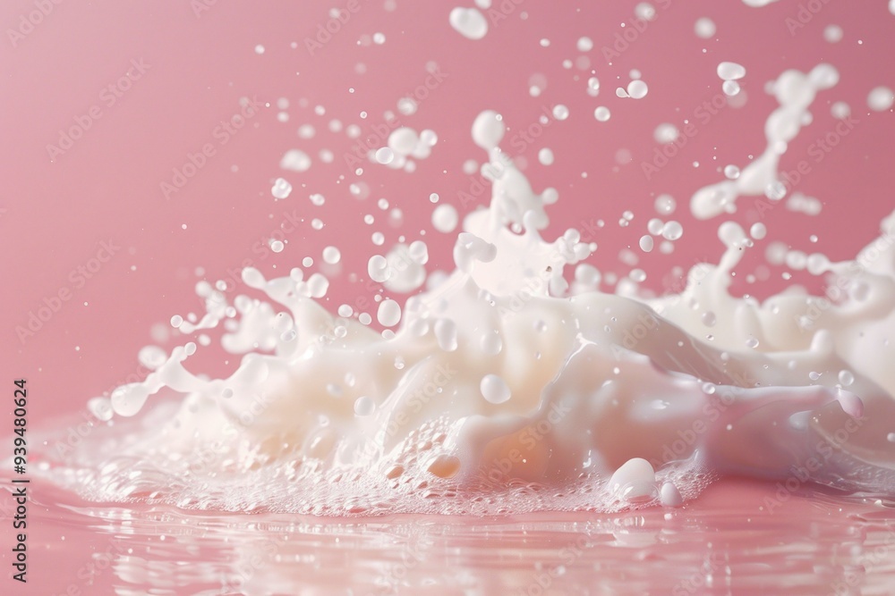 Poster milk is splashing and creating bubbles over a pink background