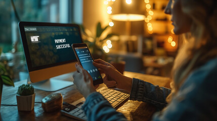 Close-up of a hand holding a mobile phone with a screen showing a successful online contactless money payment. A woman is using an app for digital payment