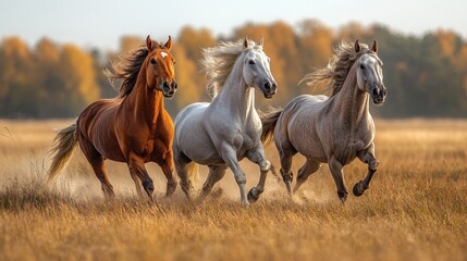 Obraz premium Three Horses Running Through a Golden Field