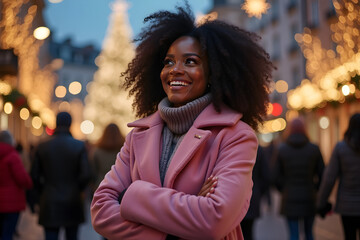 Fototapeta premium smiling black woman on New Year's or Christmas night on the street