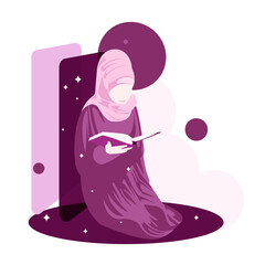 Cute hijab girl reading in the night modern noface style design vector illustration