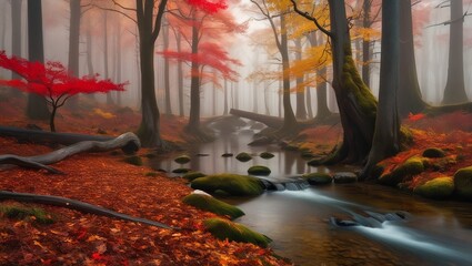 A serene forest in autumn, with trees displaying vibrant red, orange, and yellow leaves, and a calm stream flowing through.