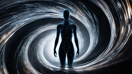 Futuristic AI: Digital Humanoid Emerging from Cosmic Portal Background