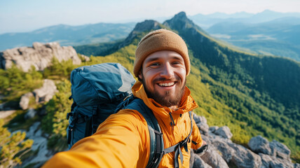 A young hiker man taking a vertical selfie portrait on the summit of a mountain, with a breathtaking view in the background. The happy guy is smiling at the camera. Ai generated