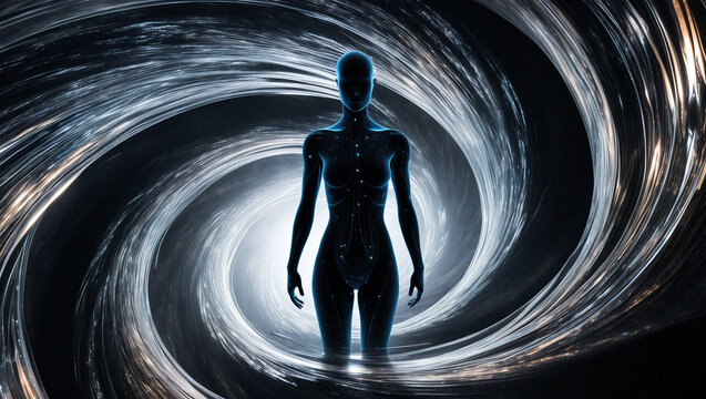 Futuristic AI: Digital Humanoid Emerging from Cosmic Portal Background - Powered by Adobe