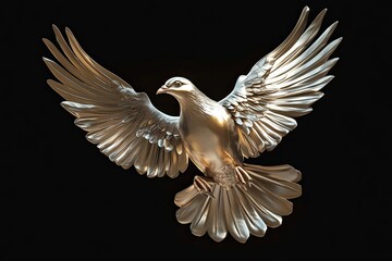 Fototapeta premium 3D illustration elegant metallic dove flying spread the wings and opening the claws with light isolated on black background 