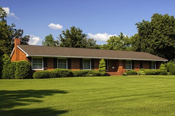 Obraz premium Brick Ranch House. Suburban Home Architecture with Green Garden and Sky View