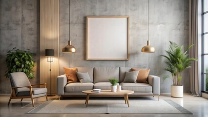 Mockup frame hanging in sleek living room interior, showcasing modern design , mockup, frame, living room, interior, modern