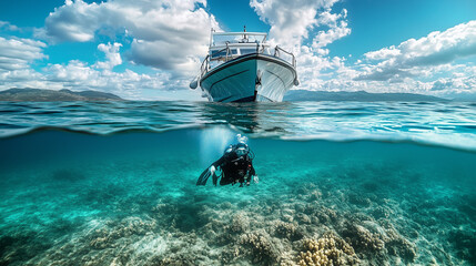 Scuba diver explores the vibrant turquoise waters above a stunning coral reef, with an escorting boat gliding on the surface