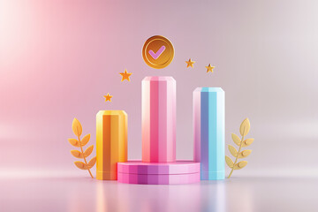 Obraz premium The colorful bar graph features three distinct bars of pink, orange, and blue, with a golden checkmark and stars above, symbolizing success and accomplishment in a visually appealing design