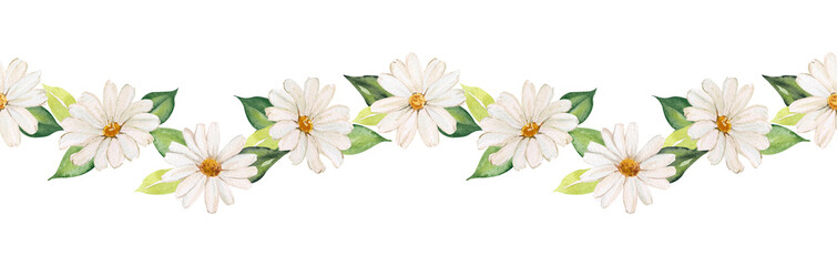 Obraz premium Watercolor seamless border garland from chamomile and leaves. Botanical garland of daisy flower and greenery. Design and festive decoration of cards. invitations. Summer botanical illustration