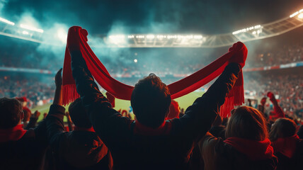 Back view of a group of dedicated soccer fans with scarfs held high, silhouetted against the evening sky in a bustling stadium, the excitement of the world cup filling the air. Ai generated