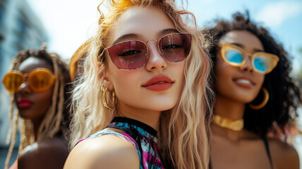 Close-up of a group of young friends showcasing their edgy summer fashion, with a focus on their unique accessories and expressions. Ai generated