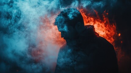A solitary figure is enveloped in swirling blue and orange smoke, creating a captivating contrast that highlights the mood of solitude and contemplation in a dark setting