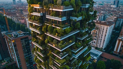 Obraz premium Aerial photo of Bosco Verticale, Vertical Forest, in Milan, Porta Nuova district. Residential buildings with many trees and other plants in balconies