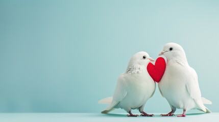 Love Birds - Pair of Doves and Heart on Pastel Pink Background with Copy Space for Text